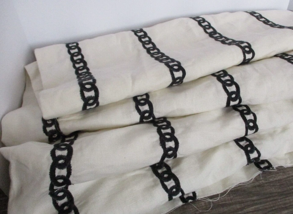 JF Fabrics Tangle Design 5 1/2 Yards Linen Fabric Embroidered Chain Ivory & Blue - Image 1 of 4