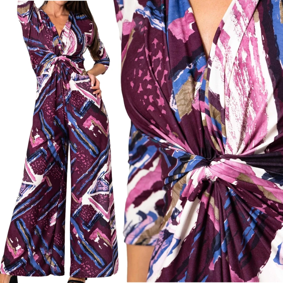 Damen Overall Palazzo Mit Abstraktem Knoten Lila 3/4 Ärmel V-Ausschnitt Neu - Bild 1 von 4