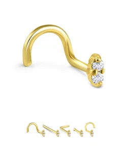 14K Solid Yellow Gold Nose Ring Screw L Bend 2 Clear CZ Stone 22G 20G 18G - Picture 1 of 7