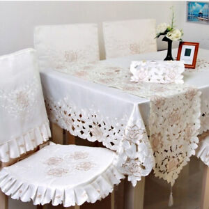 Embroidered Beige Lace Table Runner Floral Tablecloth Cover Home Party Decor