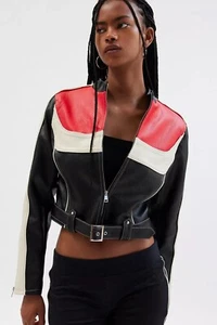 NUEVO CON ETIQUETAS Urban Outfitters UO Imitación Cuero Corredor Motociclista Chaqueta Negra Roja Talla Grande - Imagen 1 de 8