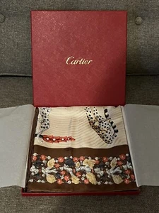 Cartier Beige Jeweled Panther Animal Print Scarf Shawl 100% Silk Italy NEW - Picture 1 of 15