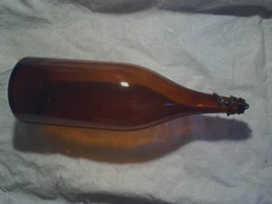 ANTIQUE LARGE AMBER/BROWN BEER BOTTLE WITH WIRE BAIL & PLUG, About 14 1/4" Tall - Picture 1 of 4