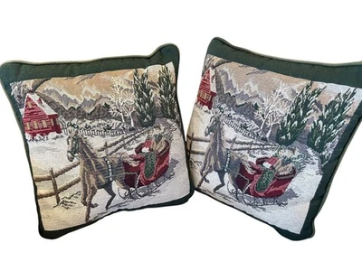 Vintage Tapestry Sleigh Ride Christmas Pillows Pair Victorian Winter Holiday - Image 1 of 4
