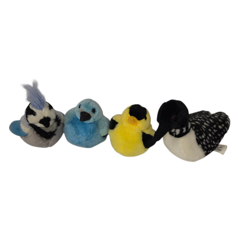 K&M International Plush Bird Set Blue Jay Loon Goldfinch 5in Lot 4 Working - Image 1 of 4