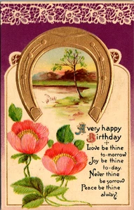 Postal Feliz Cumpleaños Oro Herradura Flores Púrpura Espalda y Encaje Diseño Años 1900 - Imagen 1 de 2