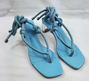 Schutz Siena Vamp Lace Up Open Toe Clear Column Mid Heel in Wonder Blue Sz 5.5B - Picture 1 of 9