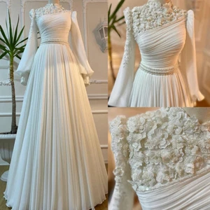 White Wedding Dresses Lace Appliques Muslim Long Sleeves Beaded Bridal Gowns - Picture 1 of 9
