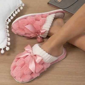 Slippers Slip On House Shoes Soft Warm Slide w/ Bow Sz 7.5 - 8 - Picture 1 of 3