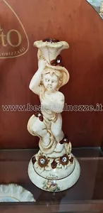 CANDELIERE A 1 FIAMMA CON PUTTO IN CERAMICA DECORO PANNA E MARRONE PORTACANDELA - Picture 1 of 1