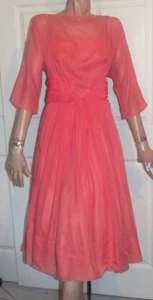 Vintage 50s Coral Pink Chiffon Party Dress B34 - Picture 1 of 8