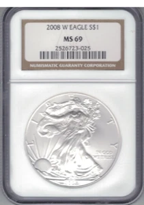 2008 W BURNISHED SILVER EAGLE NGC MS 69 BROWN LABEL FREE SHIPPING - Picture 1 of 2