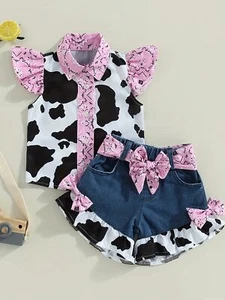 3PCS Western Baby Girl Cow Print Shirt Ruffle Sleeve Tops Shorts Set - Picture 1 of 11