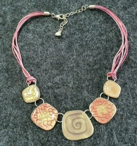 Choker Necklace Pink Enamel Panel Corded Ethnic Style - Picture 1 of 5