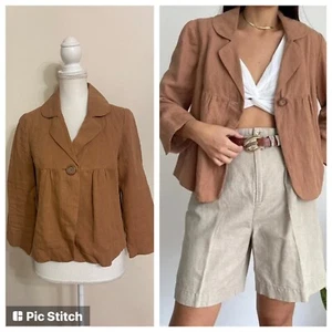 $128 ANTHROPOLOGIE Elevenses Linen All Season Tan Blazer Jacket Size 6 - Picture 1 of 8