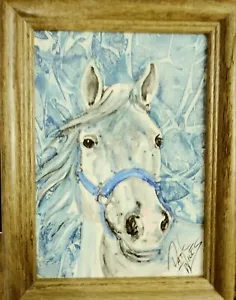 5 x 7 Pintura Original Crílica de Agua de Pat Wiles Enmarcada Invierno Caballo Blanco - Imagen 1 de 1