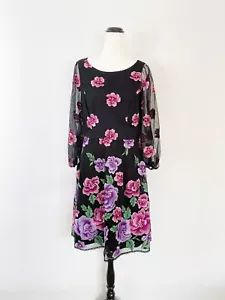 REVIEW floral embroidered black mesh 3/4 sleeve party cocktail dress / sz 10 - Picture 1 of 9