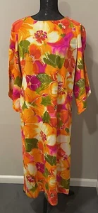 Pomare Tahiti Hawaiian Dress Floral Pink Orange Vintage Honolulu Size L - Picture 1 of 5