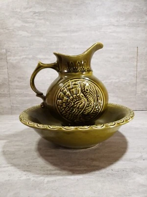 Juego de lavabo jarra de cerámica McCoy vintage 1968 EE. UU. Turquía #7516 verde Foto 1 de 4