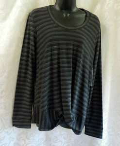 New Directions Faux Wrap Top Size L NWT Black Stripe Long Sleeve Scoop Neck Blen - Picture 1 of 11