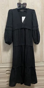ZARA schwarzes besticktes Kleid XS Maxi Stufen Baumwolle 3/4 Arm Boho Style. Neu. - Bild 1 von 12