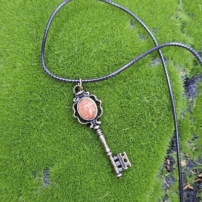 Key Pendant Bronze Tone Faux Leather Cord Sunstone Crystal Goth Ornate Jewelry - Image 1 of 4