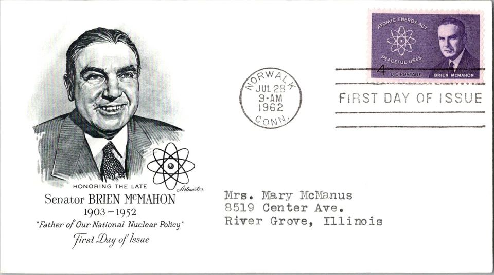 Vintage FDC Scott #1200 Artmaster Brien McMahon Senator Nuclear Policy c1962 - Image 1 of 3