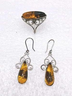 Brincos de anel vintage folheados a prata filigrana âmbar URSS  - Imagem 1 de 4