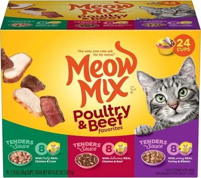 Meow Mix Tenders 酱汁湿猫粮、家禽和 2.75 盎司(24 件装) — 第 1/4 张图片