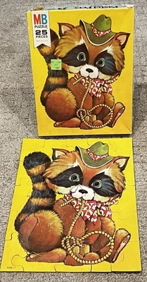 Vintage MB 1970’s Cowboy Raccoon Pastel Pets Jigsaw Puzzle 25 Piece COMPLETE USA - Image 1 of 4