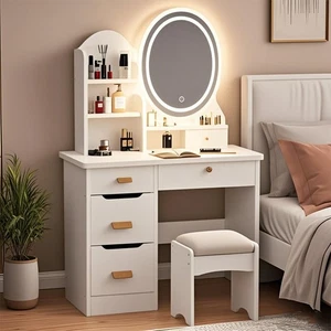 Schminktisch Frisiertisch Kosmetiktisch mit Hocker LED-Beleuchtung Spiegel Weiß - Bild 1 von 10
