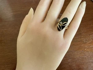 Designer IFD 10k Yellow Gold Onyx Diamond Accent Floral Motif Ring Sz 7.5 - Picture 1 of 7