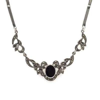 47cm Plata Antigua 925 Collar Ónix Negro Mujer Collar Markasita Joyería - Imagen 1 de 4