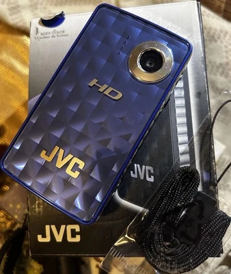 JVC GC-FM1AU HD Camera/ Color: Blue w/ cord, Box, Manual, Strap no SD card VG - Image 1 of 4