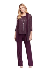 Women's Petite - Two Piece Metallic Rib Pant Set - 4P Eggplant - Picture 1 of 2