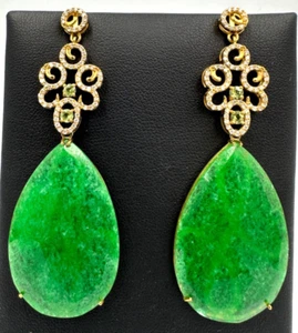 Pendientes Usados De Oro Amarillo Macizo 18K Con Aventurina Y Diamantes - Imagen 1 de 12