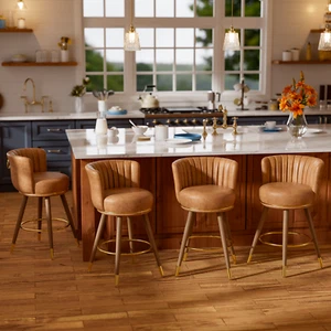 26 Set of 4 Counter Height Swivel Bar Stools Leather Kitchen Bar Chairs Brown - Picture 1 of 7