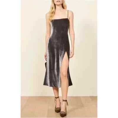 REFORMATION Grey Velvet Velour ARIANA High Slit Tie Shoulder Slip Dress S = 4/6 - Image 1 of 4