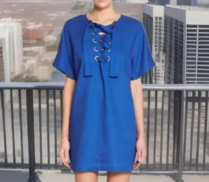 NWT $295 Mara Hoffman Lace Up Linen Mini Dress in Cobalt Size Small - Picture 1 of 9