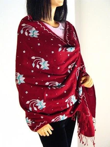 Cute Maroon Kashmir Wool Stole Embroidered Beaded Gift Shawl Wrap 75" Free Ship - Picture 1 of 6