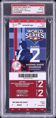 2009 MLB WORLD SERIES FULL GAME 2 TICKET YANKEES PHILLIES PSA 10 GEM MINT LO POP - Image 1 of 2