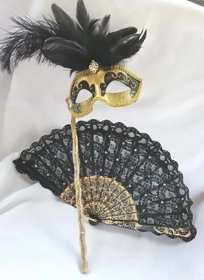 Mardi Gras / Halloween Blk Gold Glitter Feathered Mask & Matching Lace Fan - Image 1 of 4