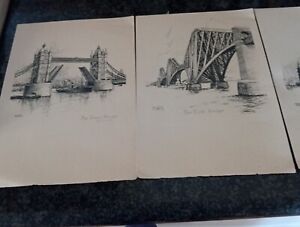 LONDON Set of 3 Pencil Sketches Artist Ernest Coffin Vintage +  Forth Bridge 