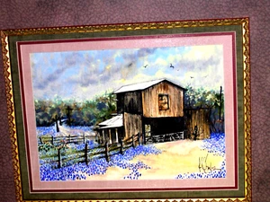 Bluebonnet Landscape Stormy clouds Barn Cactus Fence Birds in Sky Matted Framed - Picture 1 of 11