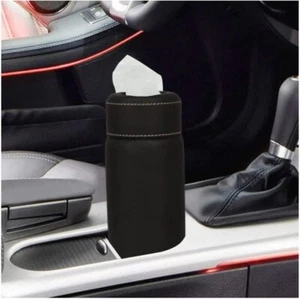 Cylinder Tissue Box PU Leather Round100 Plus Tissues Container for Car Cup black - Picture 1 of 3