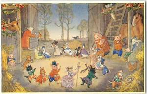 "Scheunentanz" Kunst Molly Brett Fantasy Illustration Bauernhoftiere 50er Postkarte - Bild 1 von 2