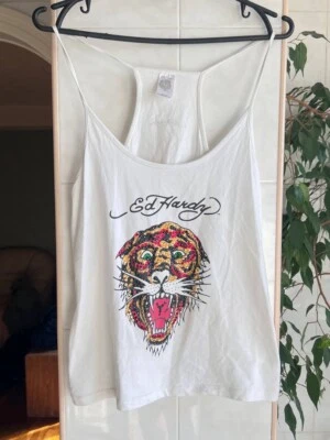 Y2K Ed Hardy Tiger Tank Top White Crystal Logo - Image 1 of 4