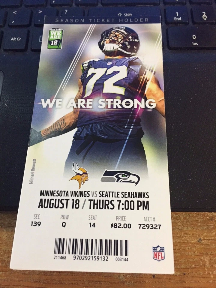 2016 SEATTLE SEAHAWKS VS MINNESOTA VIKINGS TICKET STUB 8/18 MICHAEL BENNETT - Image 1 of 1