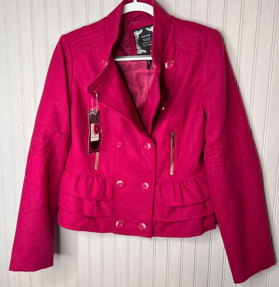 YOKI NEW YORK Womens WOOL COAT M Pink Moto Jacket Button Zip Pockets  NEW $84 - Image 1 of 4