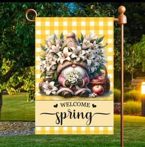 Garden Flag spring gnome welcome, 12”x18”, thick, burlap polyester,double-side - Picture 1 of 7
